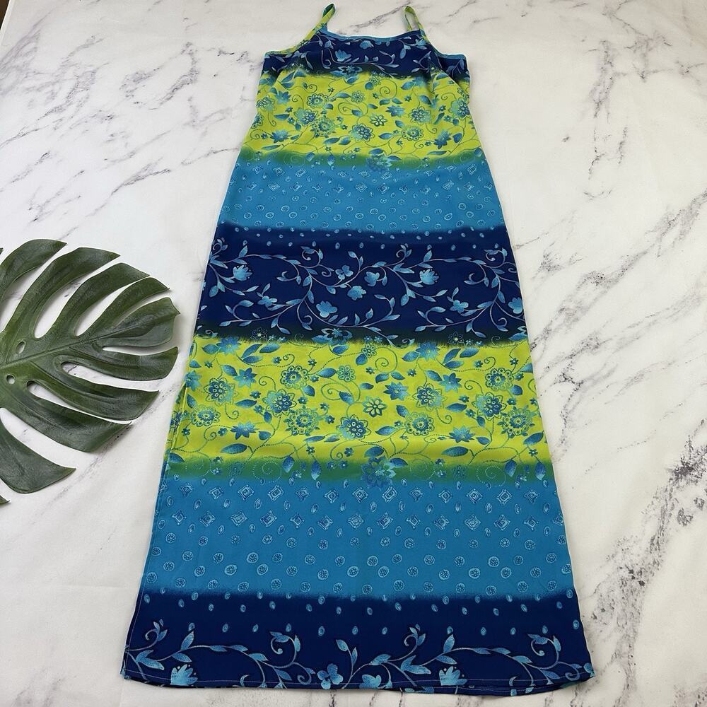 California Concepts Vintage Y2k Maxi Slip Dress Size S Blue Green Floral Shift